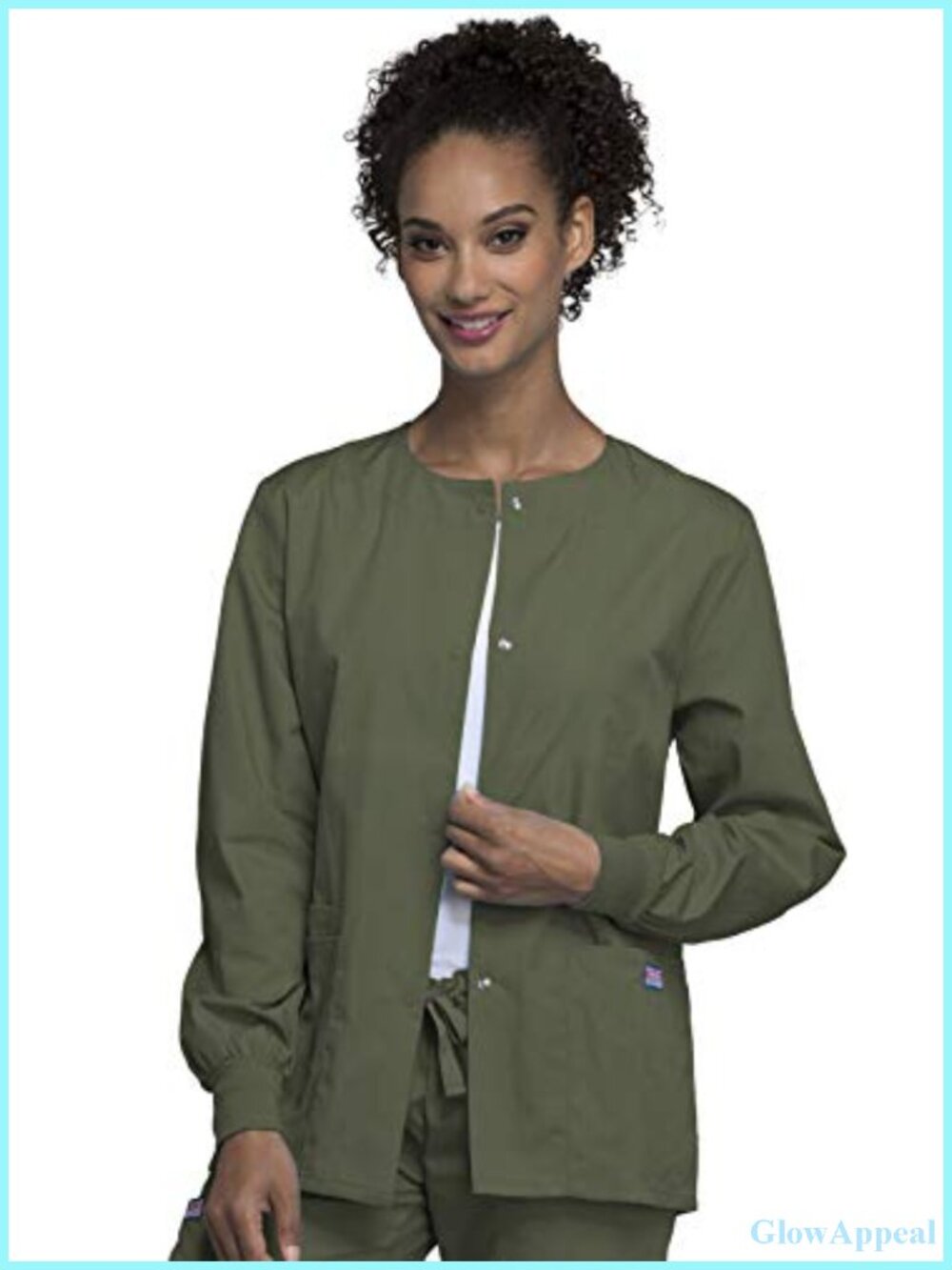Medical Scrub Jacket Snap Front Round Neck 3 Pockets Polyester Cotton